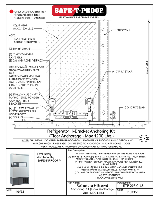 Refrigerator H-Bracket Anchoring Kit (Floor Anchorage - Max 1200 Lbs.)